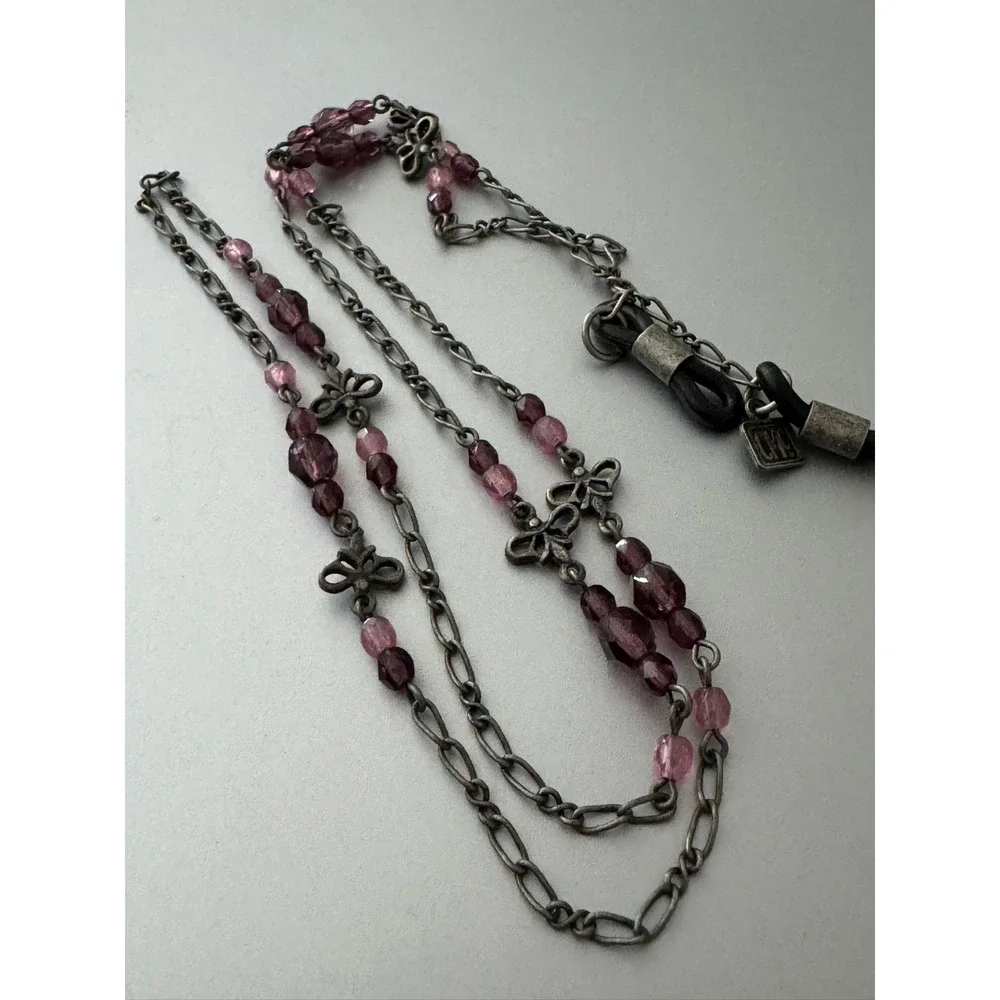 CMC Click My Cords Purple Beaded Eyewear Chain Silver Bow Accents Glasses Cord